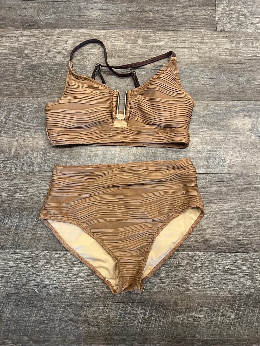 Amazon Women's Ribbed High-Waist Bikini Set in Brown